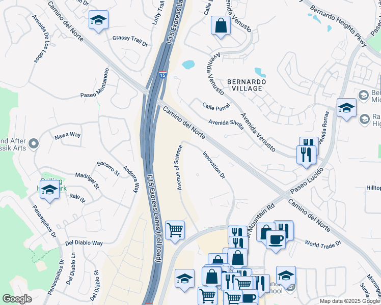 map of restaurants, bars, coffee shops, grocery stores, and more near 15336-15448 Innovation Drive in San Diego