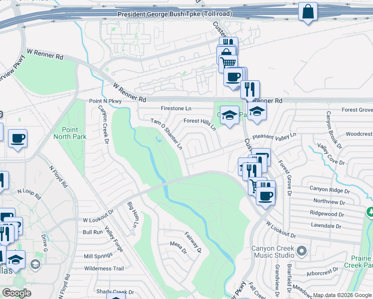 map of restaurants, bars, coffee shops, grocery stores, and more near 8 Doral Place in Richardson