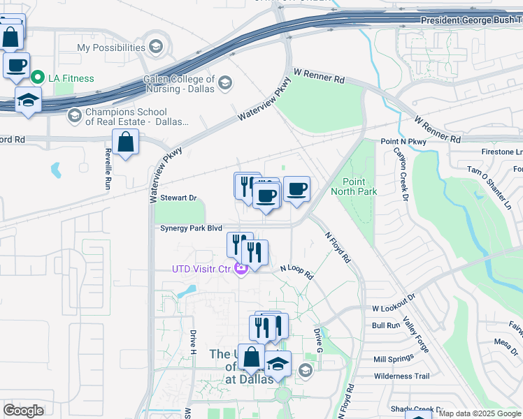 map of restaurants, bars, coffee shops, grocery stores, and more near 3000 Northside Boulevard in Richardson