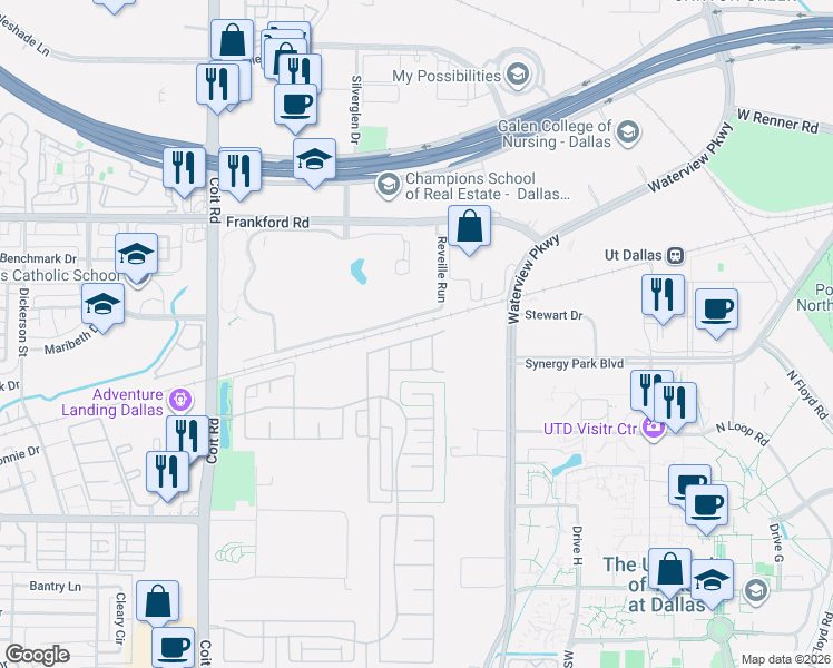 map of restaurants, bars, coffee shops, grocery stores, and more near 8231 Snapdragon Way in Dallas