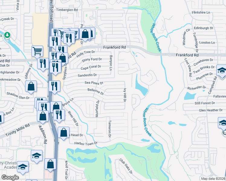 map of restaurants, bars, coffee shops, grocery stores, and more near 5132 Quail Lake Drive in Dallas