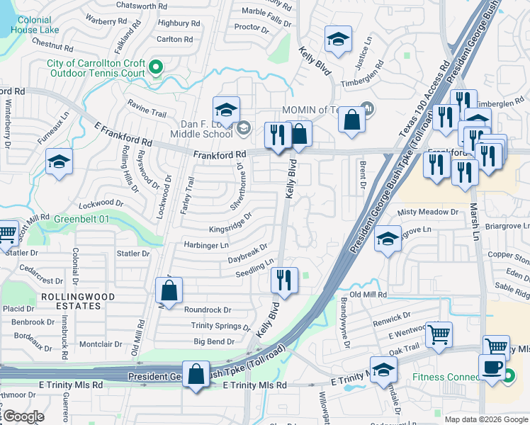 map of restaurants, bars, coffee shops, grocery stores, and more near 2608 Kingsridge Drive in Dallas