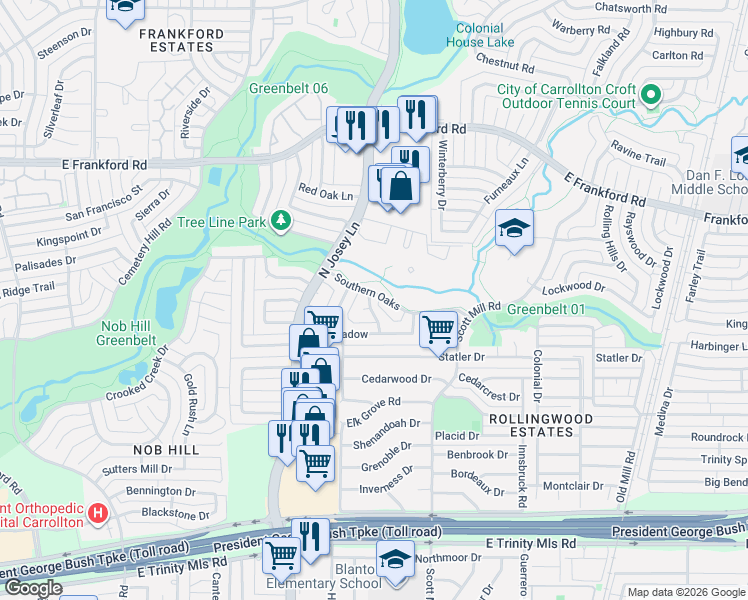 map of restaurants, bars, coffee shops, grocery stores, and more near 2006 Southern Oaks in Carrollton