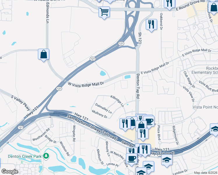map of restaurants, bars, coffee shops, grocery stores, and more near 302 Ridgewood Drive in Lewisville