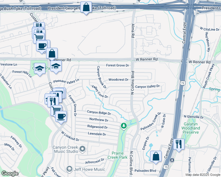 map of restaurants, bars, coffee shops, grocery stores, and more near 325 Canyon Valley Drive in Richardson