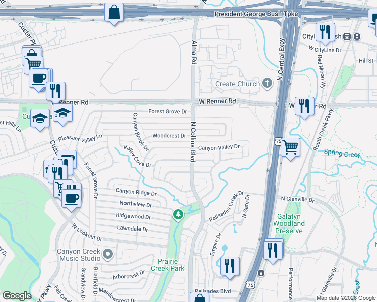 map of restaurants, bars, coffee shops, grocery stores, and more near 301 Canyon Valley Drive in Richardson