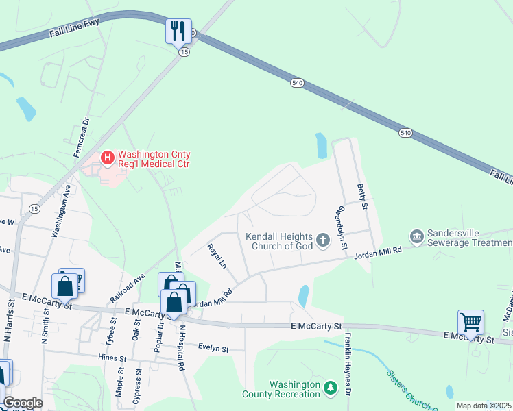 map of restaurants, bars, coffee shops, grocery stores, and more near 801 South Pecan Drive in Sandersville