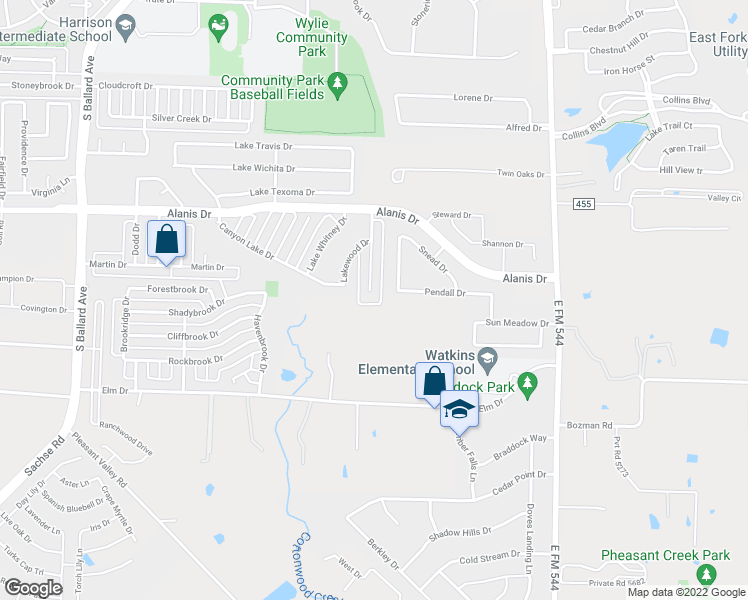 map of restaurants, bars, coffee shops, grocery stores, and more near 1131 Twin Lakes Drive in Wylie