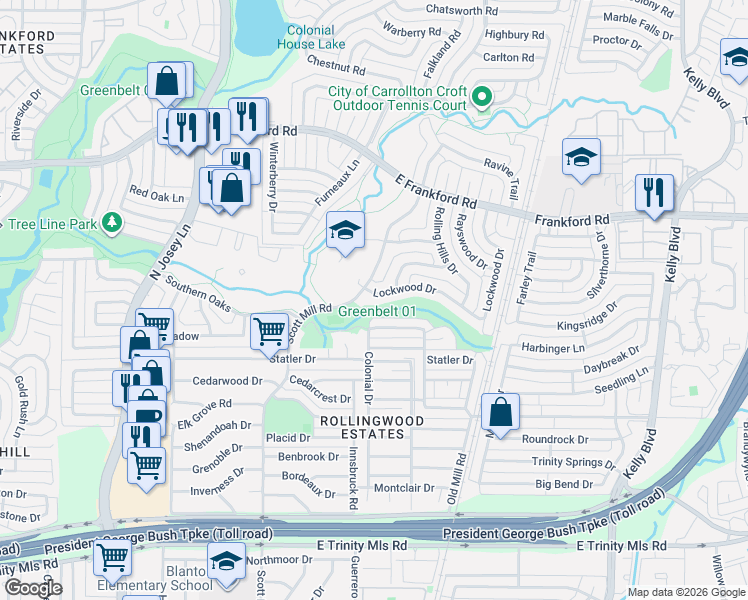 map of restaurants, bars, coffee shops, grocery stores, and more near 2204 Lockwood Drive in Carrollton