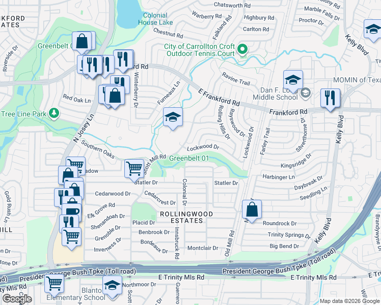 map of restaurants, bars, coffee shops, grocery stores, and more near 2204 Lockwood Dr in Carrollton