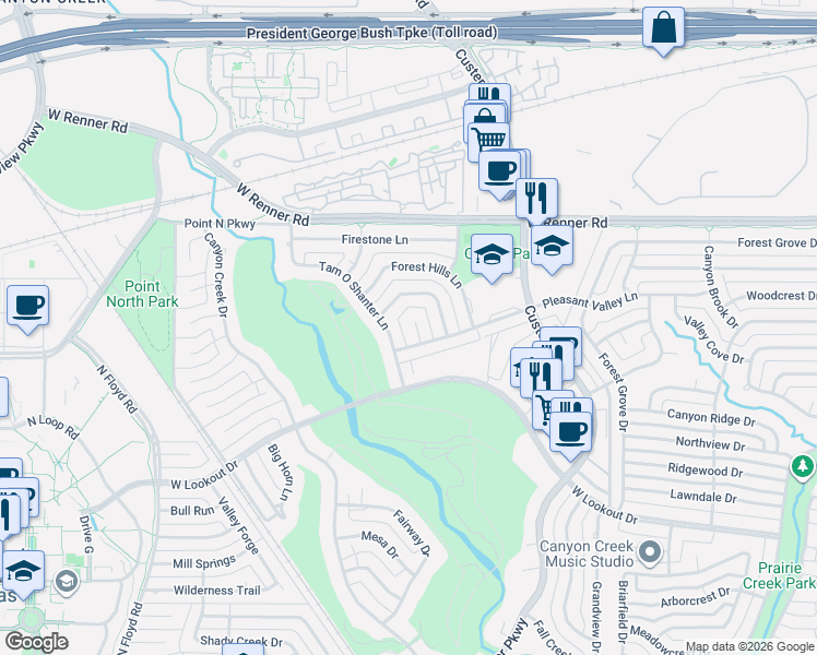 map of restaurants, bars, coffee shops, grocery stores, and more near 8 Doral Pl in Richardson