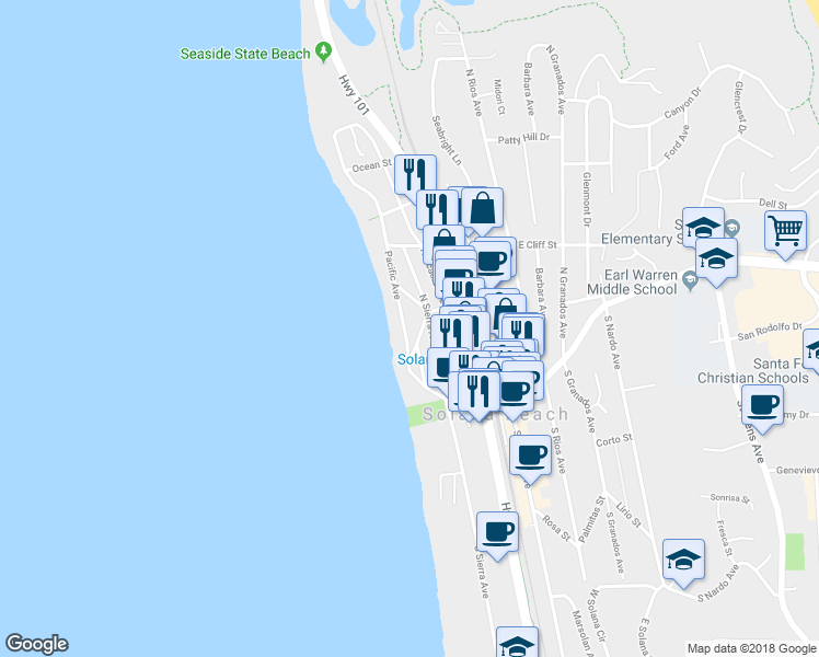 map of restaurants, bars, coffee shops, grocery stores, and more near 244 Pacific Avenue in Solana Beach