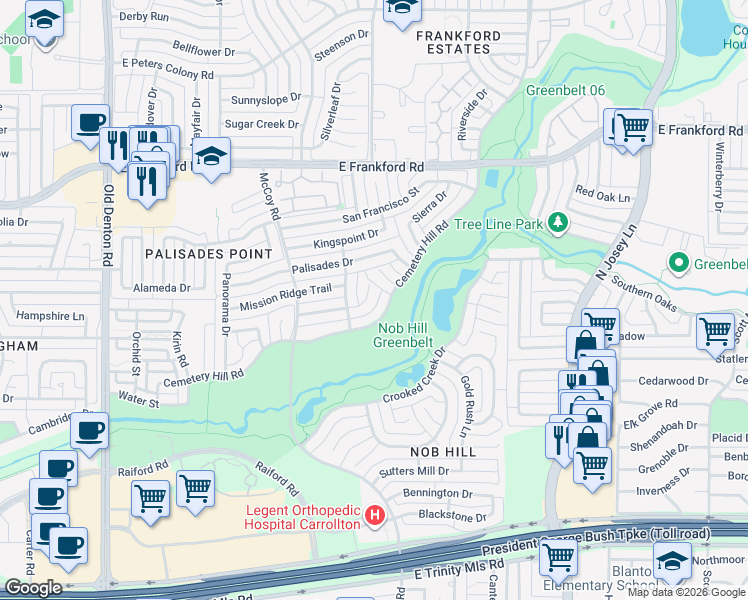 map of restaurants, bars, coffee shops, grocery stores, and more near 1630 Piedmont Place in Carrollton