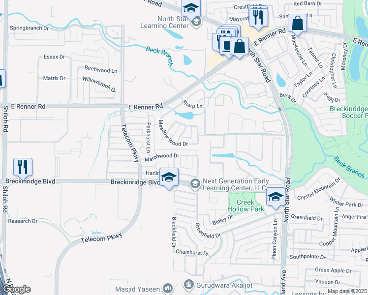map of restaurants, bars, coffee shops, grocery stores, and more near 3111 Meadow Wood Drive in Richardson
