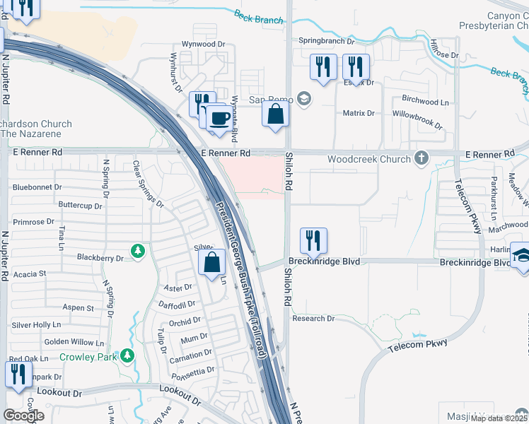 map of restaurants, bars, coffee shops, grocery stores, and more near 3001 East President George Bush Highway in Richardson