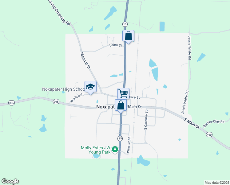 map of restaurants, bars, coffee shops, grocery stores, and more near 56-136 West Alice Street in Noxapater