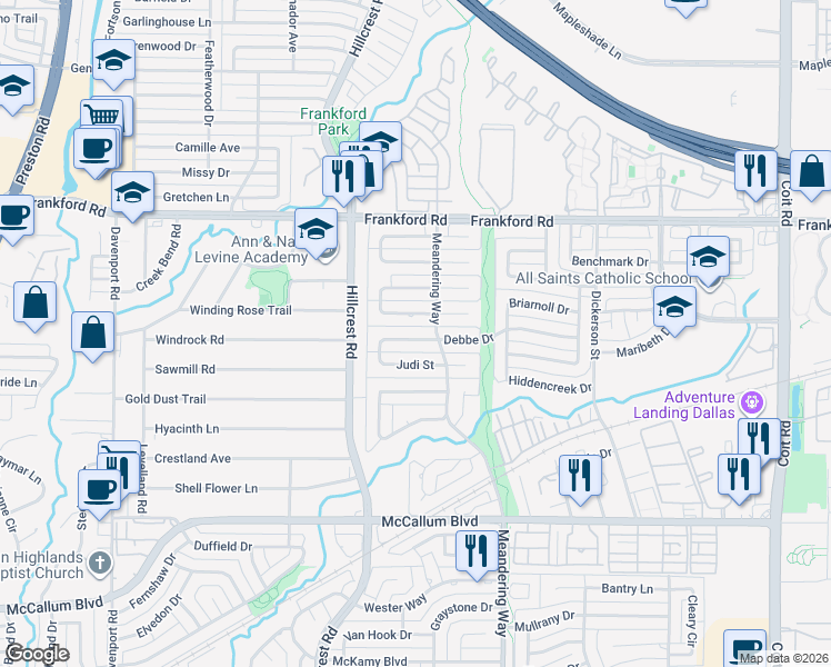 map of restaurants, bars, coffee shops, grocery stores, and more near 7139 Debbe Drive in Dallas
