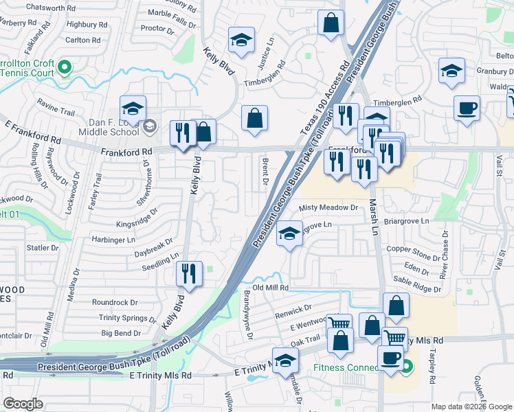 map of restaurants, bars, coffee shops, grocery stores, and more near 17836 Mary Margaret Street in Dallas