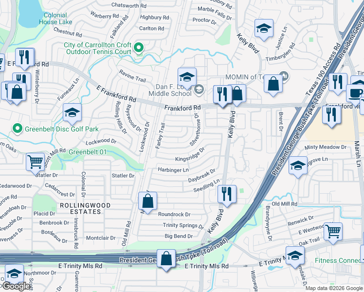 map of restaurants, bars, coffee shops, grocery stores, and more near 2323 Silverthorne Drive in Dallas