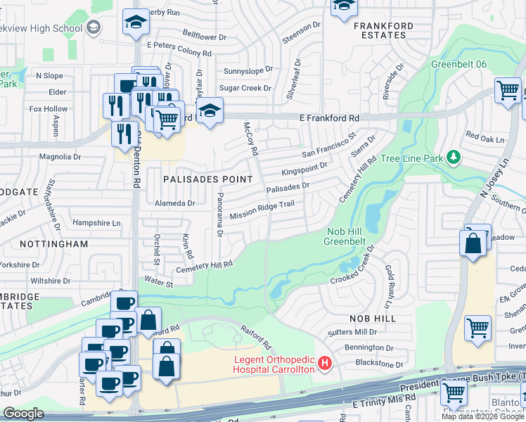 map of restaurants, bars, coffee shops, grocery stores, and more near 1600 Mission Ridge Trail in Carrollton