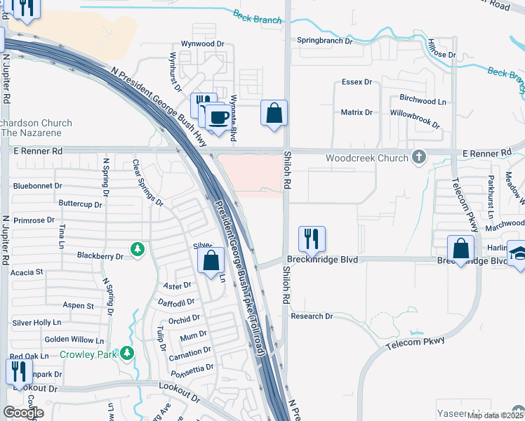 map of restaurants, bars, coffee shops, grocery stores, and more near 3001 East President George Bush Highway in Richardson