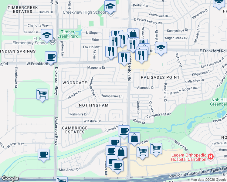 map of restaurants, bars, coffee shops, grocery stores, and more near 1015 Oxfordshire Dr in Carrollton