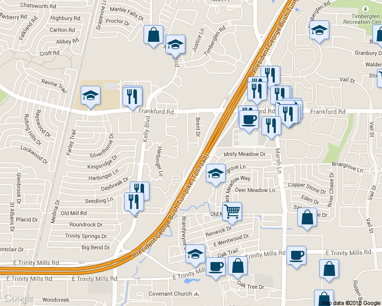 map of restaurants, bars, coffee shops, grocery stores, and more near 17836 Mary Margaret St in Dallas