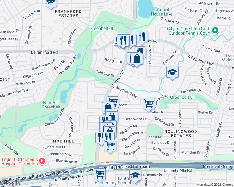 map of restaurants, bars, coffee shops, grocery stores, and more near 2913 Arcadia Ln in Carrollton