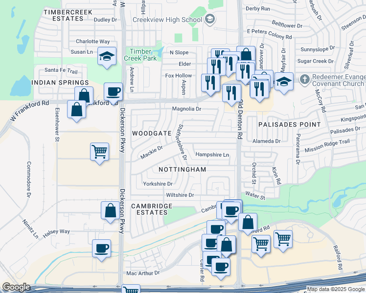 map of restaurants, bars, coffee shops, grocery stores, and more near 1033 Oxfordshire Drive in Carrollton