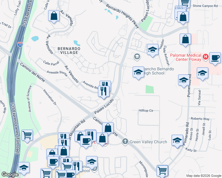 map of restaurants, bars, coffee shops, grocery stores, and more near 12333 Bachimba Court in San Diego