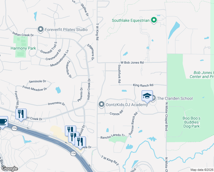 map of restaurants, bars, coffee shops, grocery stores, and more near 616 King Ranch Road in Southlake