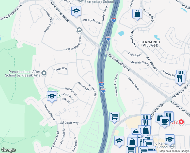 map of restaurants, bars, coffee shops, grocery stores, and more near 15354 Paseo Ajanta in San Diego