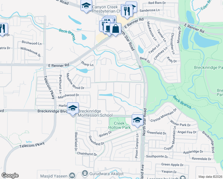 map of restaurants, bars, coffee shops, grocery stores, and more near 3217 Danmire Drive in Richardson