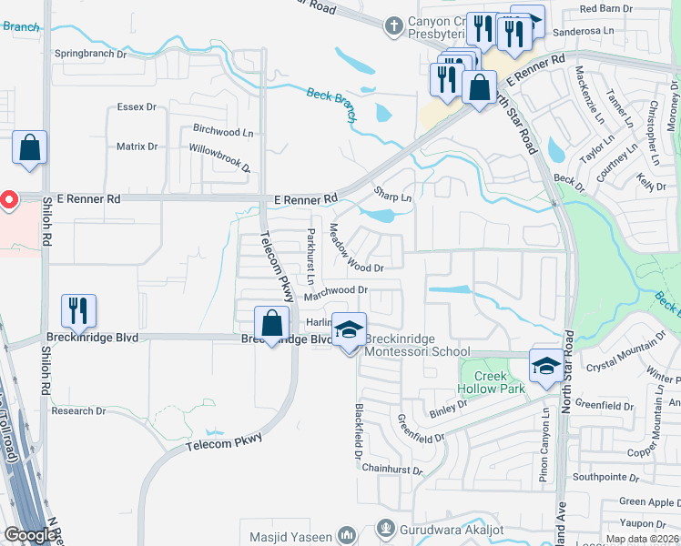 map of restaurants, bars, coffee shops, grocery stores, and more near 3102 Pond View Dr in Richardson
