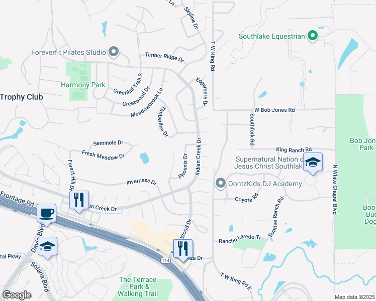 map of restaurants, bars, coffee shops, grocery stores, and more near 224 Phoenix Drive in Trophy Club