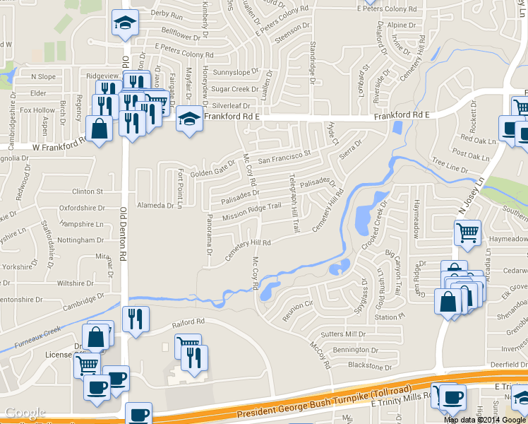 map of restaurants, bars, coffee shops, grocery stores, and more near 1600 Mission Ridge Trail in Carrollton