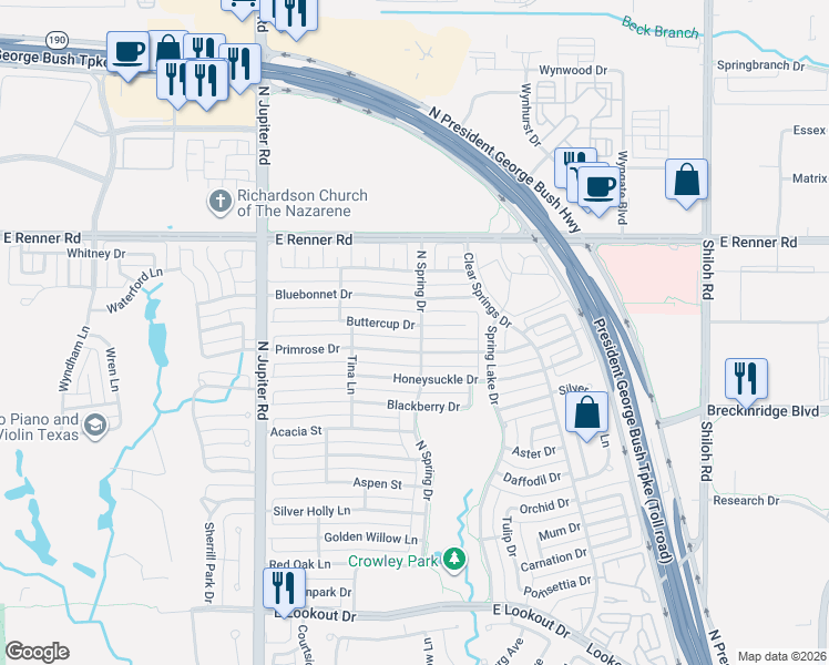 map of restaurants, bars, coffee shops, grocery stores, and more near 2512 Buttercup Dr in Richardson