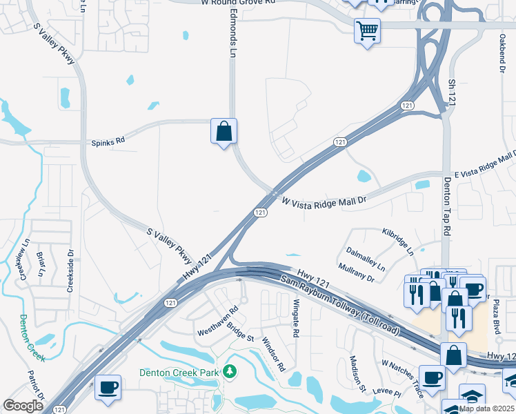 map of restaurants, bars, coffee shops, grocery stores, and more near 5300 Texas 121 Business in Lewisville