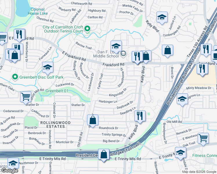 map of restaurants, bars, coffee shops, grocery stores, and more near 2323 Silverthorne Drive in Dallas