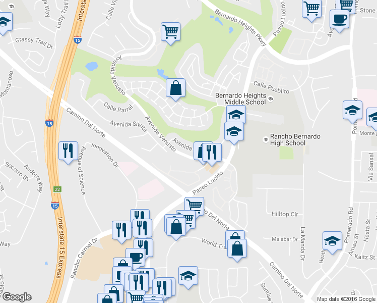 map of restaurants, bars, coffee shops, grocery stores, and more near 15219 Avenida Rorras in San Diego