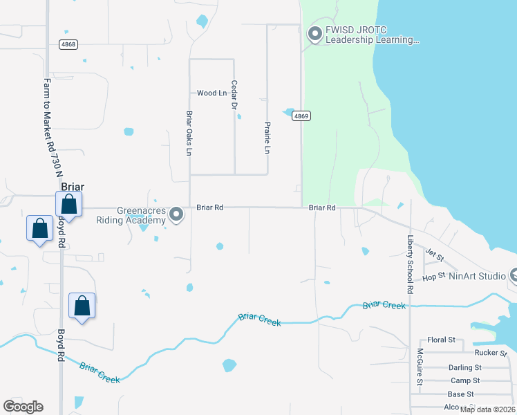 map of restaurants, bars, coffee shops, grocery stores, and more near 7725 Briar Road in Azle