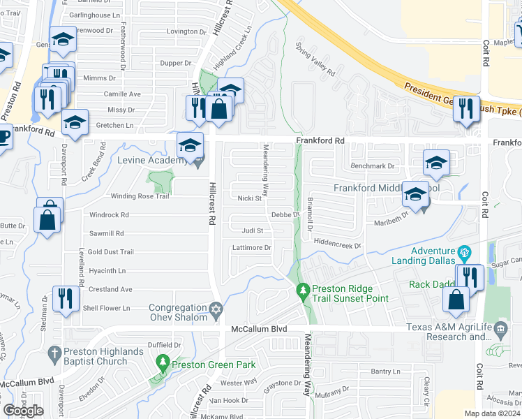 map of restaurants, bars, coffee shops, grocery stores, and more near 7139 Debbe Drive in Dallas
