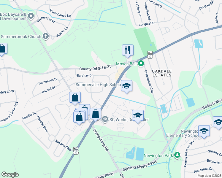 map of restaurants, bars, coffee shops, grocery stores, and more near 1202 Boonehill Road in Summerville
