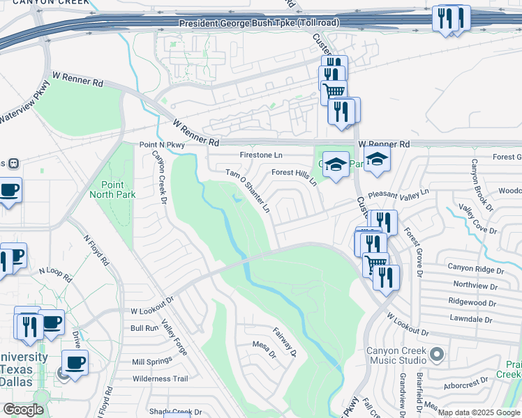 map of restaurants, bars, coffee shops, grocery stores, and more near 2909 Tam O Shanter Lane in Richardson