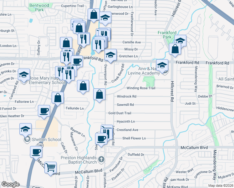 map of restaurants, bars, coffee shops, grocery stores, and more near 7010 Winding Creek Rd in Dallas