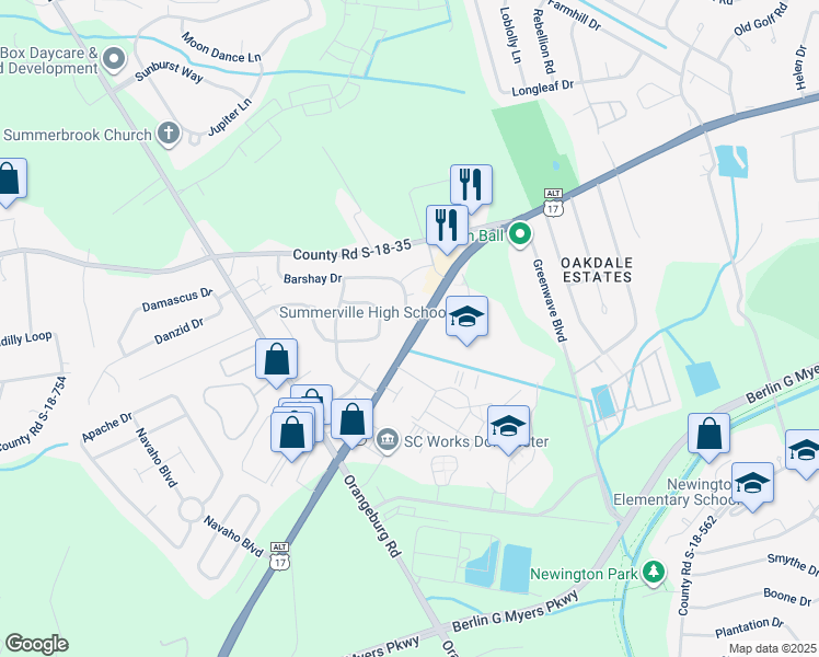 map of restaurants, bars, coffee shops, grocery stores, and more near 1202 Boonehill Road in Summerville