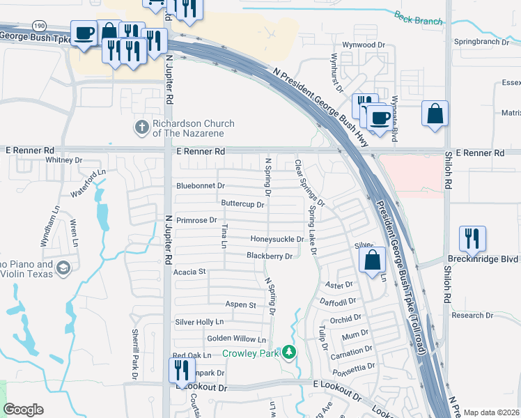 map of restaurants, bars, coffee shops, grocery stores, and more near 2512 Buttercup Drive in Richardson
