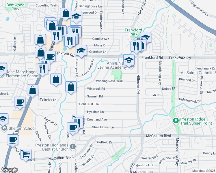 map of restaurants, bars, coffee shops, grocery stores, and more near 6705 Windrock Road in Dallas