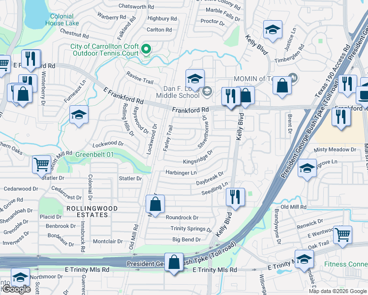 map of restaurants, bars, coffee shops, grocery stores, and more near 2323 Silverthorne Drive in Dallas