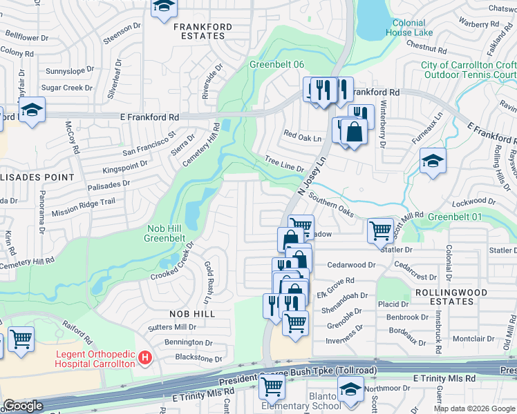 map of restaurants, bars, coffee shops, grocery stores, and more near 2927 Myerwood in Carrollton